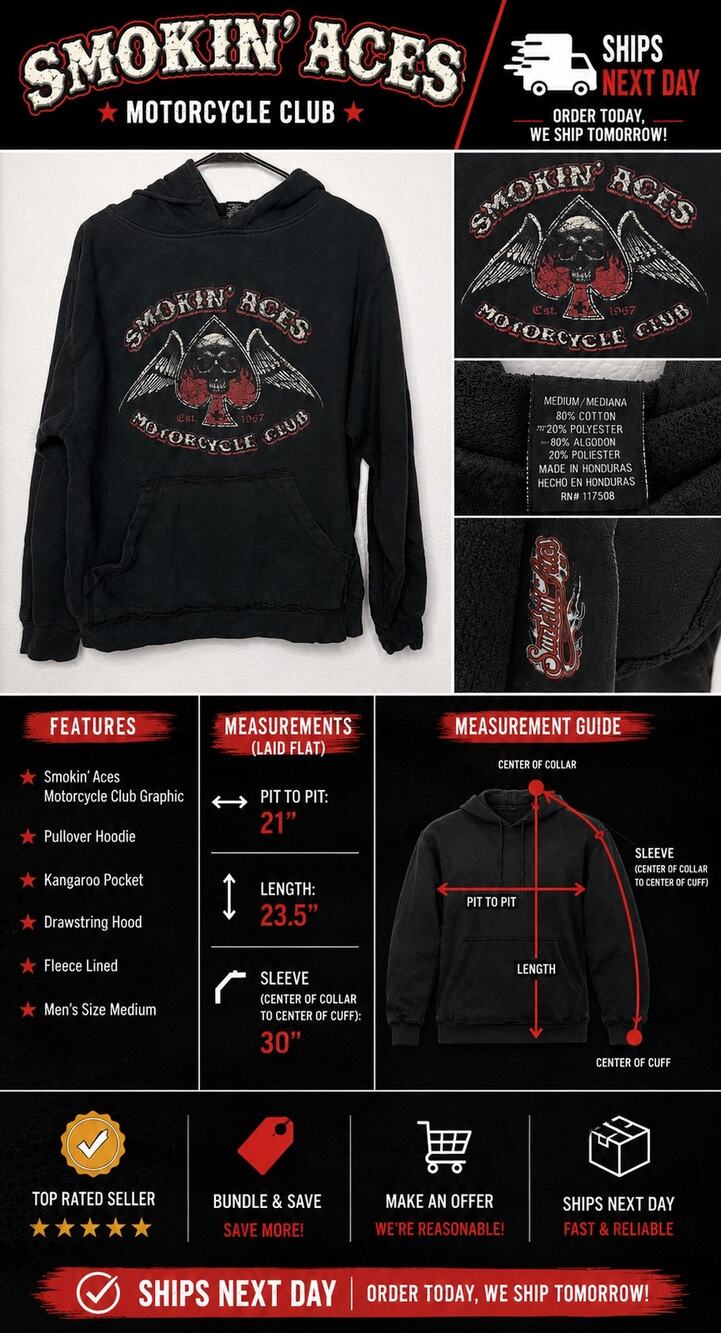 Smokin’ Aces Motorcycle Club Hoodie Skull Graphic Black Pullover Men’s M